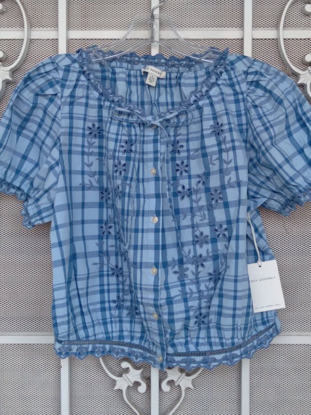 Cropped Blue Plaid Embroidered Short Sleeved Top